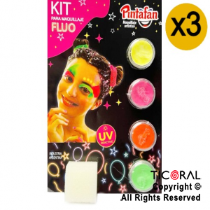 MAQUILLAJE ARTISTICO PINTAFAN FLUO AMARILLO NARANJA ROSA VERDE SET X 4 8GR 120-01 3 BLISTERS